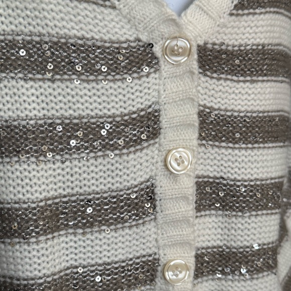CROPPED STRIPED SEQUINED CARDIGAN/SWEATER. ARIZONA CABLE KNIT, 5 BUTTON UP STYLE - Picture 6 of 16